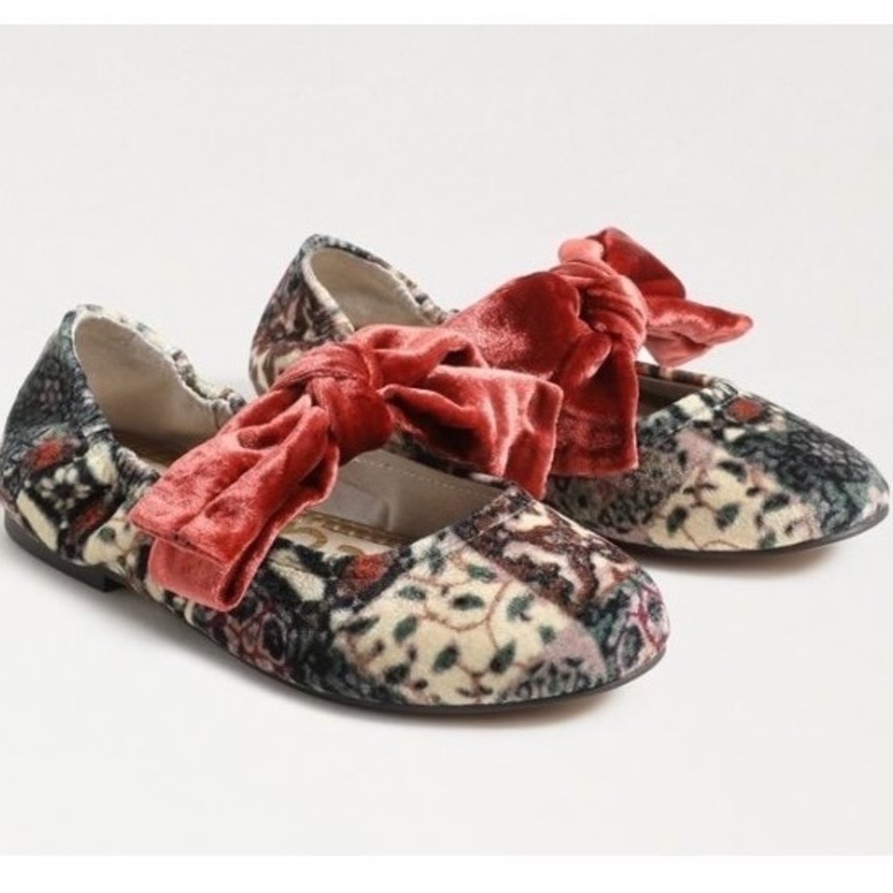 Sam Edelman Girls Velvet Floral Tapestry Ballet Flats with Oversized Bow Size 1